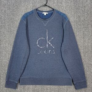 Calvin Klein Jeans Sweatshirt Mens Large Blue CK Logo Crewneck Elbow Patches